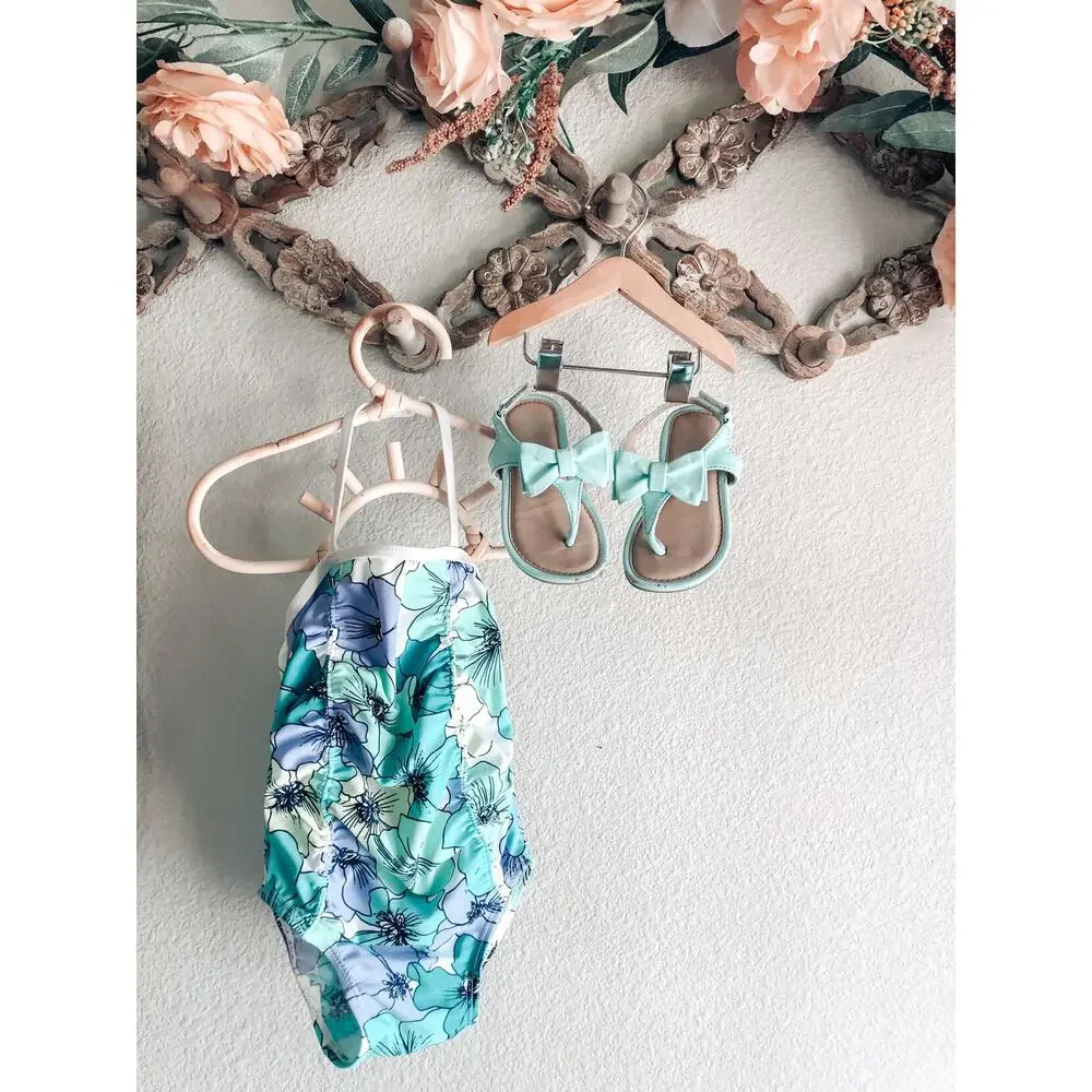 New Old Navy Floral Print Swimsuit & Matching Bow Sandals 12-18mths